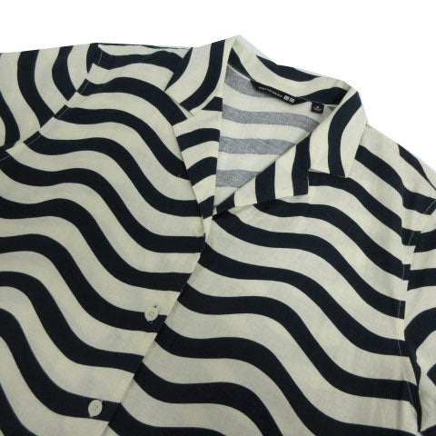UNIQLO x Marimekko Linen Blend Open Collar Shirt Short Sleeve Linen Mix Navy Blue Ivory M Ladies