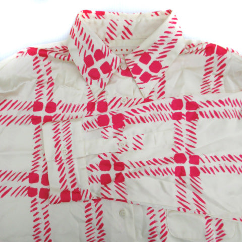 UNIQLO x MARNI Shirt Blouse Long Sleeve Check Pattern M Oversize Ivory Pink /SM28 Women's