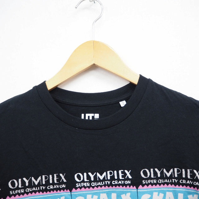 UNIQLO T-Shirt, Cut and Sew, English Letter Print, Round Neck, Short Sleeve, Cotton, Size S, Black Grey, Black Grey, /MT22, Women's