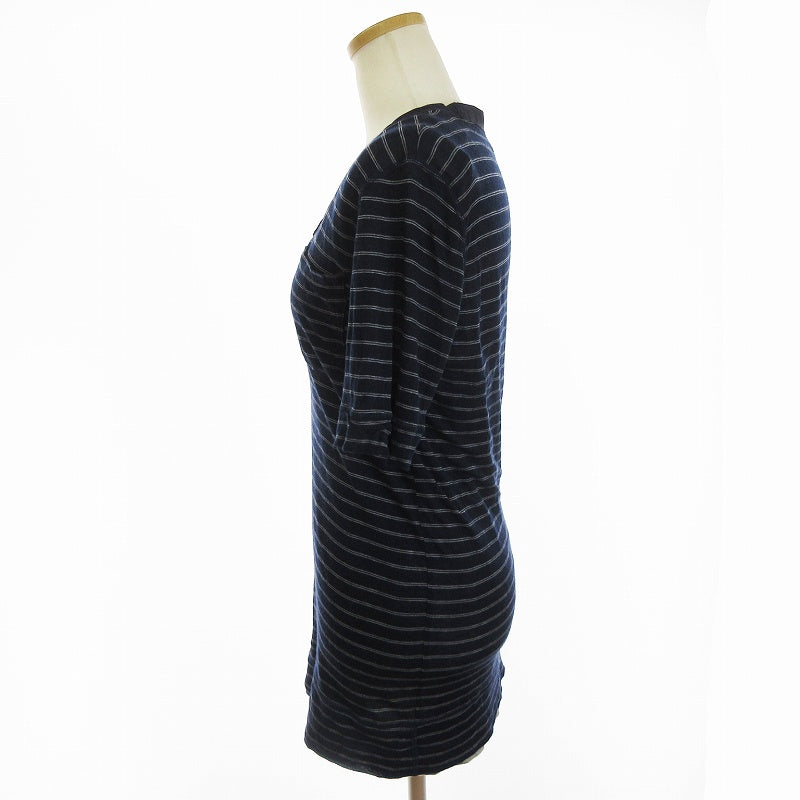 sacai T-shirt Knit Top Short Sleeve Pocket U-Neck Striped Navy ■SM3 Women's