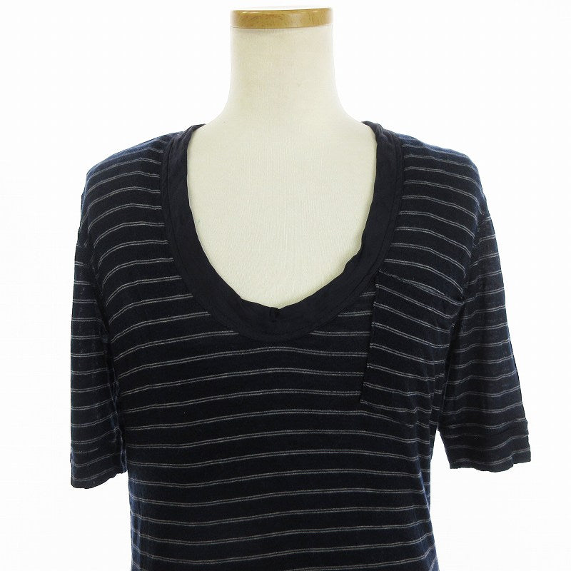 sacai T-shirt Knit Top Short Sleeve Pocket U-Neck Striped Navy ■SM3 Women's