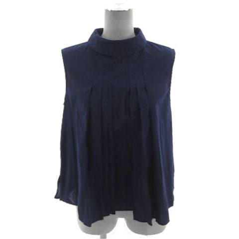 UNIQLO×MARNI Sleeveless Tuck Blouse 231-447556 Hem Slit Back Button-Down Cotton Navy Blue Size M Women's