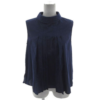 UNIQLO×MARNI Sleeveless Tuck Blouse 231-447556 Hem Slit Back Button-Down Cotton Navy Blue Size M Women's