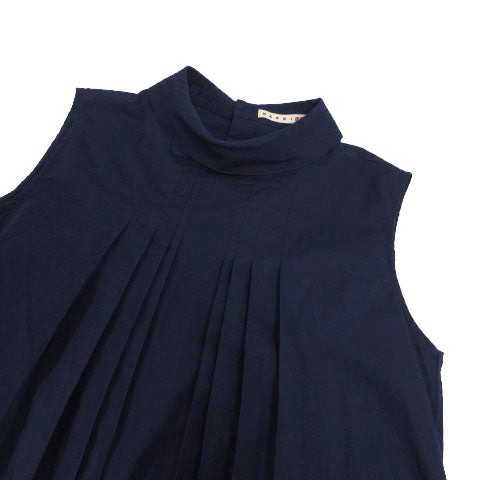 UNIQLO×MARNI Sleeveless Tuck Blouse 231-447556 Hem Slit Back Button-Down Cotton Navy Blue Size M Women's