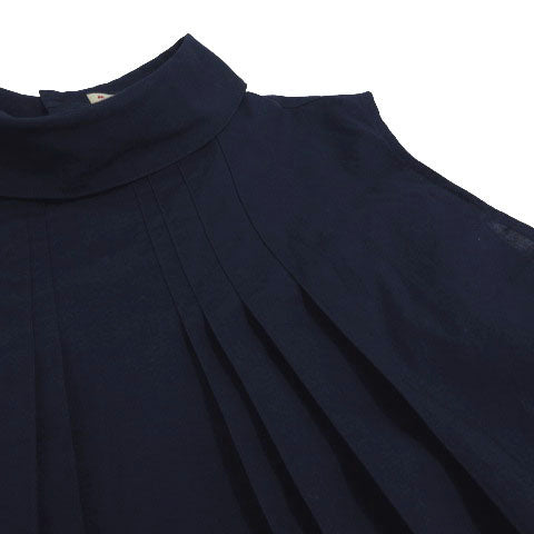 UNIQLO×MARNI Sleeveless Tuck Blouse 231-447556 Hem Slit Back Button-Down Cotton Navy Blue Size M Women's