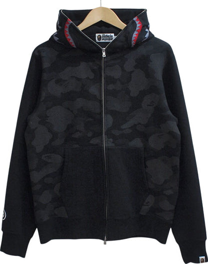 A BATHING APE 'REFLECTION CAMO SHARK FULL ZIP HOODIE' Shark Parka Reflection Camouflage Monkey Camo Black Black Size L BAPE A Bathing Ape