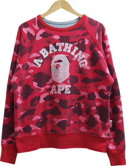A BATHING APE Reversible Sweat Crewneck BAPE CAMO Camouflage Monkey College Logo Red