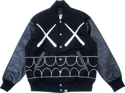 A BATHING APE×KAWS 'Chompers Varsity Jacket' Stadium Jacket Teeth Pattern Varsity Jacket Black KAWS BAPE A BATHING APE