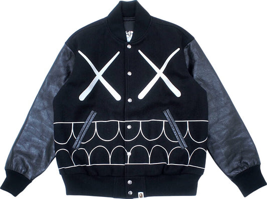 A BATHING APE×KAWS 'Chompers Varsity Jacket' Stadium Jacket Teeth Pattern Varsity Jacket Black KAWS BAPE A BATHING APE