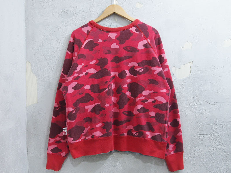 A BATHING APE Reversible Sweat Crewneck BAPE CAMO Camouflage Monkey College Logo Red