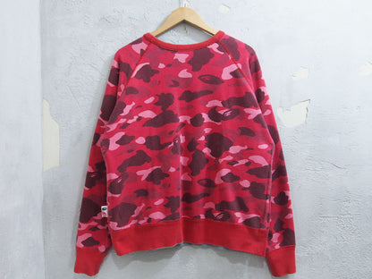A BATHING APE Reversible Sweat Crewneck BAPE CAMO Camouflage Monkey College Logo Red